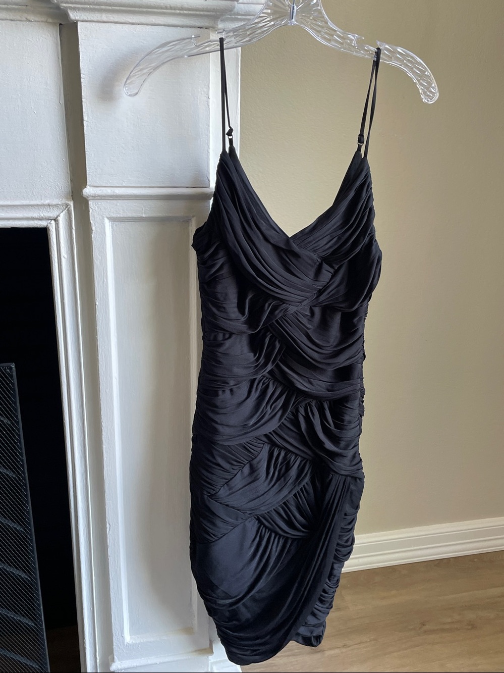 Halston Heritage Black Draped Spaghetti-Strap Mini Dress